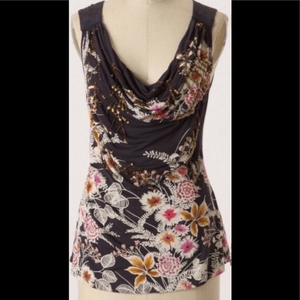 Anthropologie Deletta Floral Sequin Top sz sm EUC